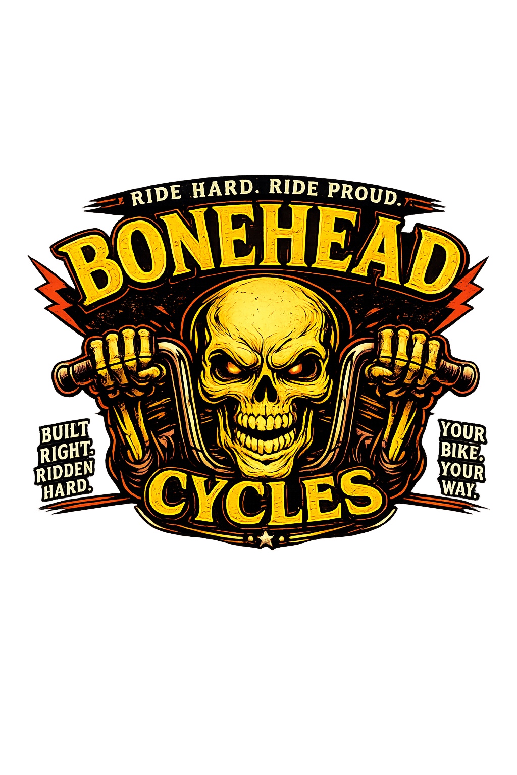 Original Bonehead Cycles skull and handlebars logo. Ride hard. Ride proud. Built right. Ridden hard. Your bike. Your way.